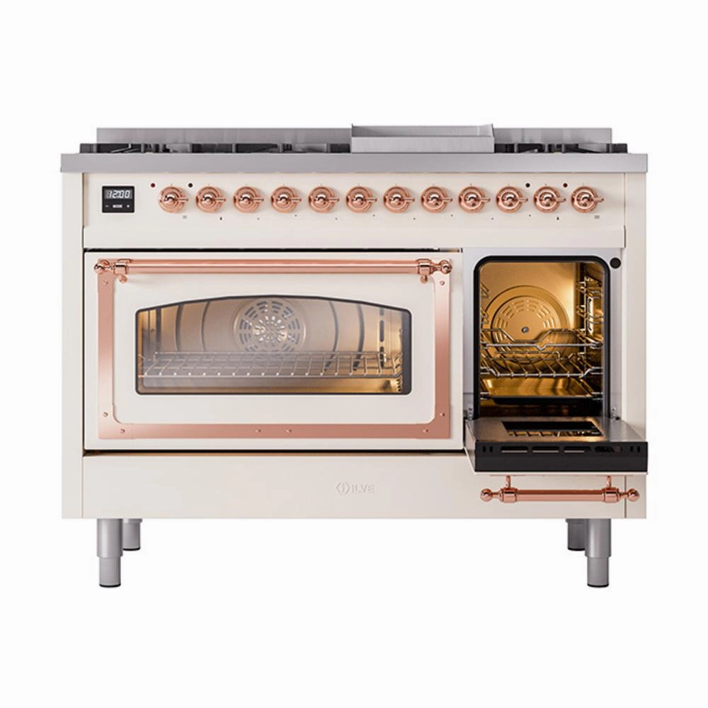 Ilve UN48FNMPAWP Ilve Un48Fnmpawp Nostalgie Ii Noblesse 48" Dual Fuel Range (8 Sealed Burners   Griddle, Natural Gas, Triple Glass Door, Antique White, Copper)