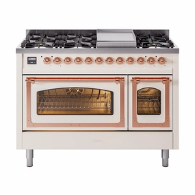 Ilve UN48FNMPAWP Ilve Un48Fnmpawp Nostalgie Ii Noblesse 48" Dual Fuel Range (8 Sealed Burners   Griddle, Natural Gas, Triple Glass Door, Antique White, Copper)