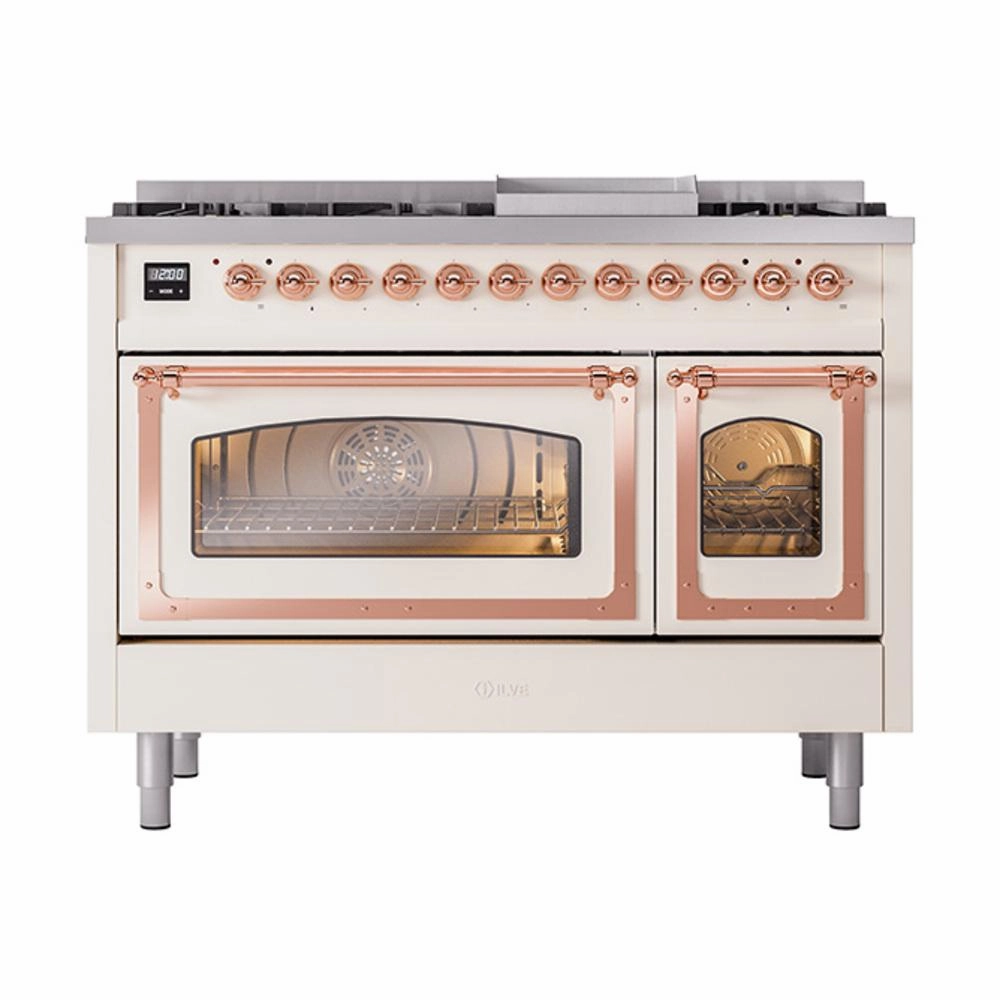 Ilve UN48FNMPAWP Ilve Un48Fnmpawp Nostalgie Ii Noblesse 48" Dual Fuel Range (8 Sealed Burners   Griddle, Natural Gas, Triple Glass Door, Antique White, Copper)