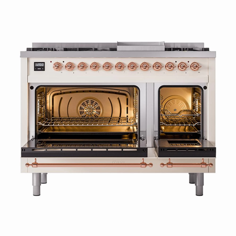 Ilve UN48FNMPAWP Ilve Un48Fnmpawp Nostalgie Ii Noblesse 48" Dual Fuel Range (8 Sealed Burners   Griddle, Natural Gas, Triple Glass Door, Antique White, Copper)
