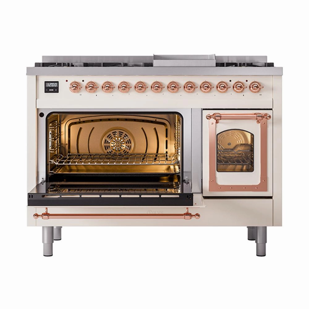 Ilve UN48FNMPAWP Ilve Un48Fnmpawp Nostalgie Ii Noblesse 48" Dual Fuel Range (8 Sealed Burners   Griddle, Natural Gas, Triple Glass Door, Antique White, Copper)