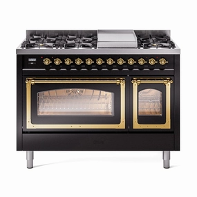 Ilve UN48FNMPBKGLP Ilve Un48Fnmpbkglp Nostalgie Ii Noblesse 48" Dual Fuel Range (8 Sealed Burners   Griddle, Liquid Propane, Triple Glass Door, Glossy Black, Brass)