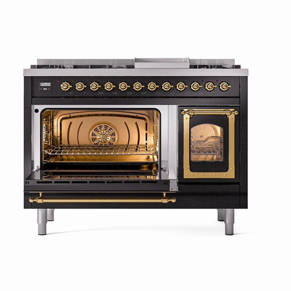 Ilve UN48FNMPBKGLP Ilve Un48Fnmpbkglp Nostalgie Ii Noblesse 48" Dual Fuel Range (8 Sealed Burners   Griddle, Liquid Propane, Triple Glass Door, Glossy Black, Brass)