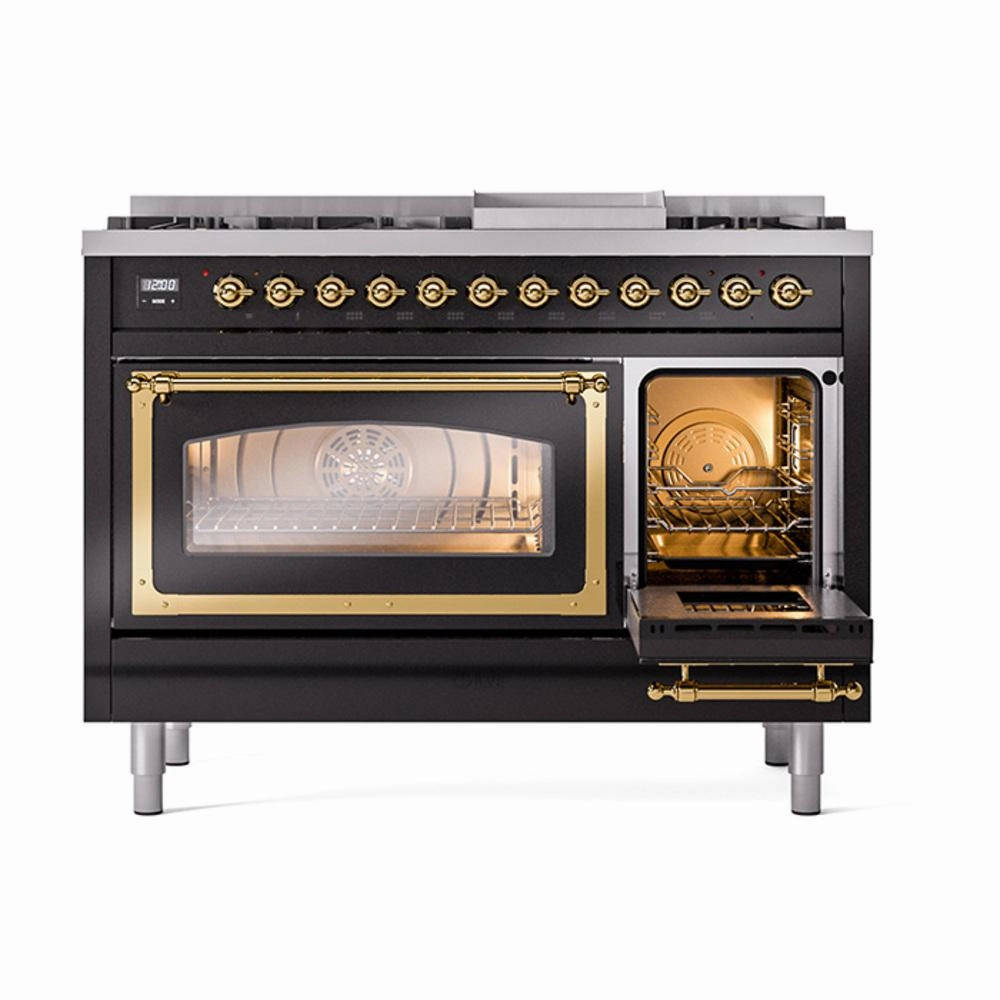 Ilve UN48FNMPBKGLP Ilve Un48Fnmpbkglp Nostalgie Ii Noblesse 48" Dual Fuel Range (8 Sealed Burners   Griddle, Liquid Propane, Triple Glass Door, Glossy Black, Brass)