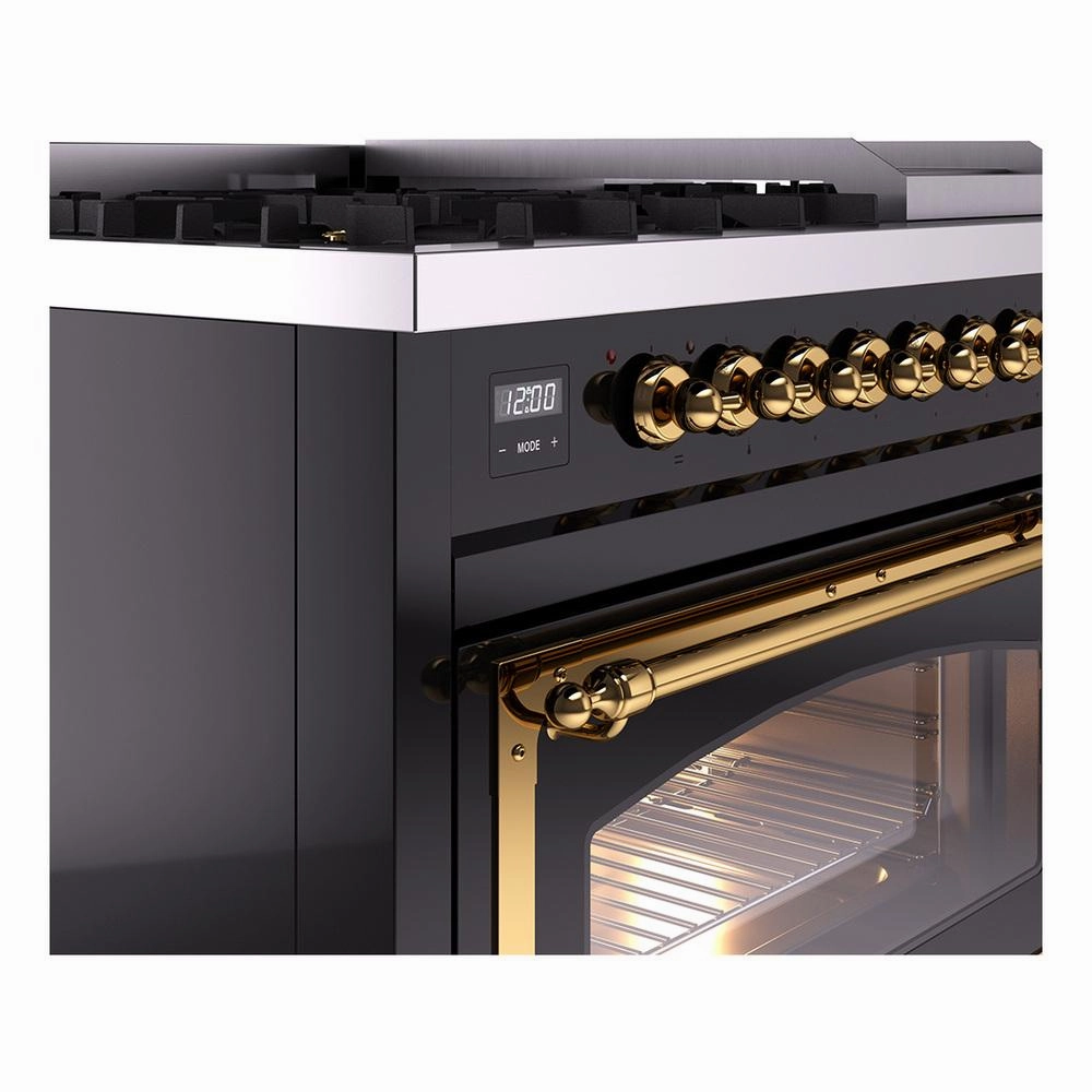 Ilve UN48FNMPBKGLP Ilve Un48Fnmpbkglp Nostalgie Ii Noblesse 48" Dual Fuel Range (8 Sealed Burners   Griddle, Liquid Propane, Triple Glass Door, Glossy Black, Brass)