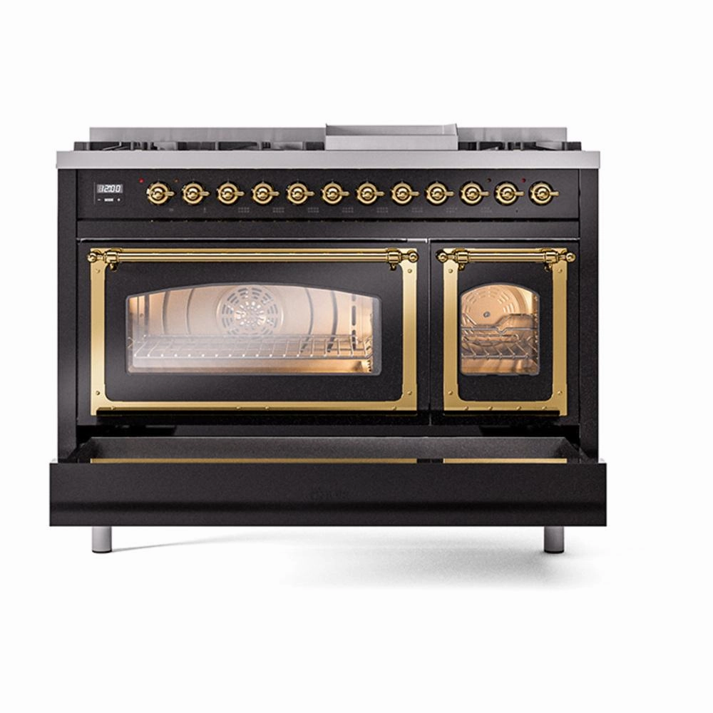Ilve UN48FNMPBKGLP Ilve Un48Fnmpbkglp Nostalgie Ii Noblesse 48" Dual Fuel Range (8 Sealed Burners   Griddle, Liquid Propane, Triple Glass Door, Glossy Black, Brass)