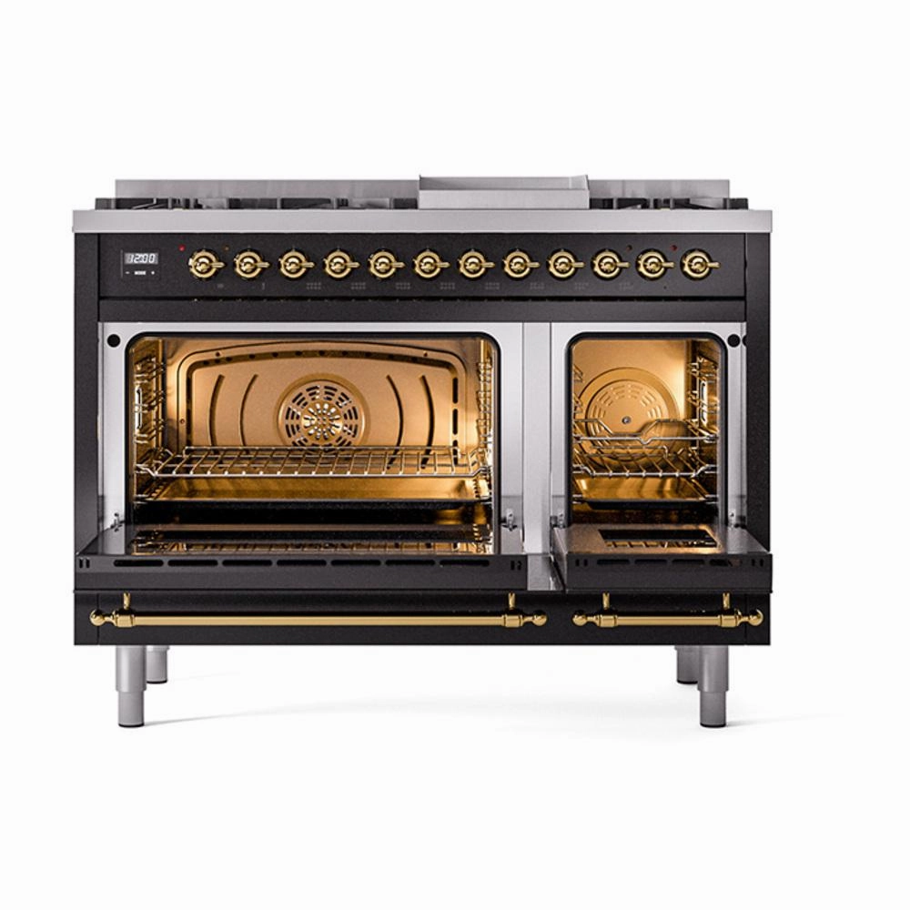 Ilve UN48FNMPBKGLP Ilve Un48Fnmpbkglp Nostalgie Ii Noblesse 48" Dual Fuel Range (8 Sealed Burners   Griddle, Liquid Propane, Triple Glass Door, Glossy Black, Brass)