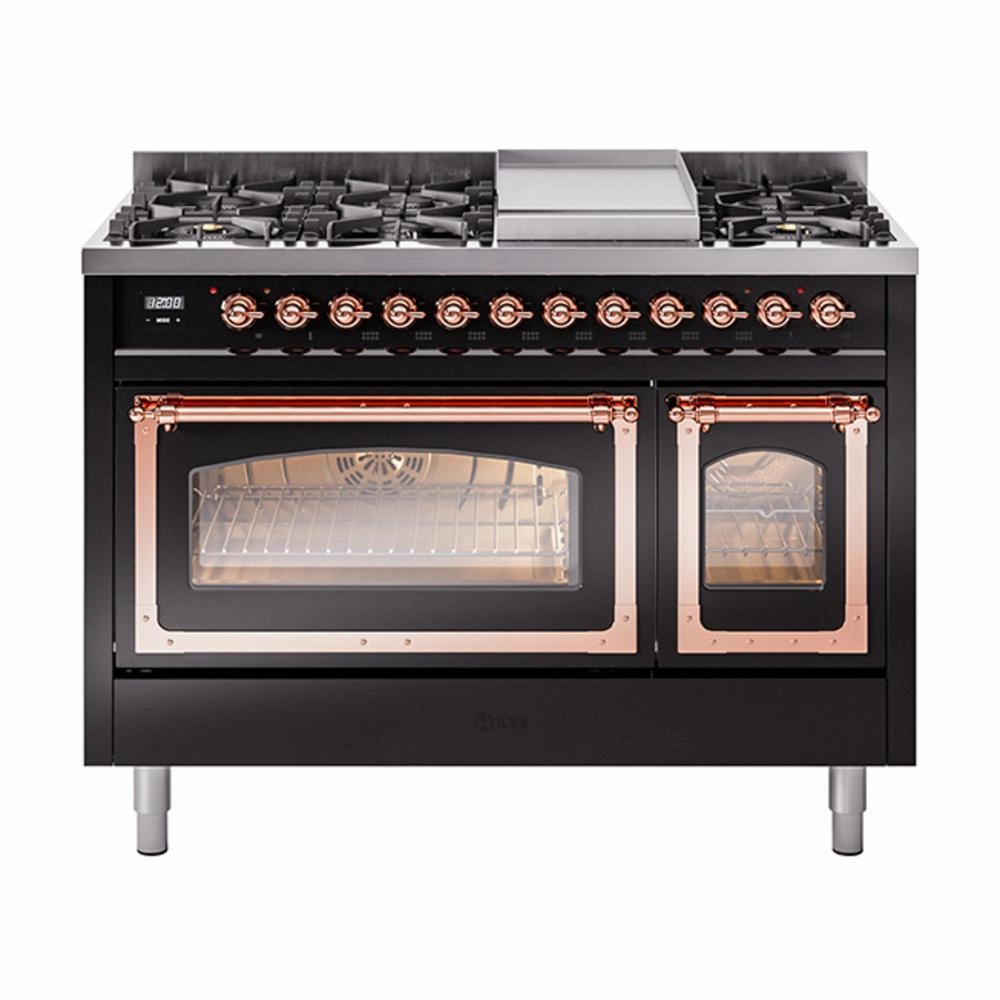 Ilve UN48FNMPBKP Ilve Un48Fnmpbkp Nostalgie Ii Noblesse 48" Dual Fuel Range (8 Sealed Burners   Griddle, Natural Gas, Triple Glass Door, Glossy Black, Copper)