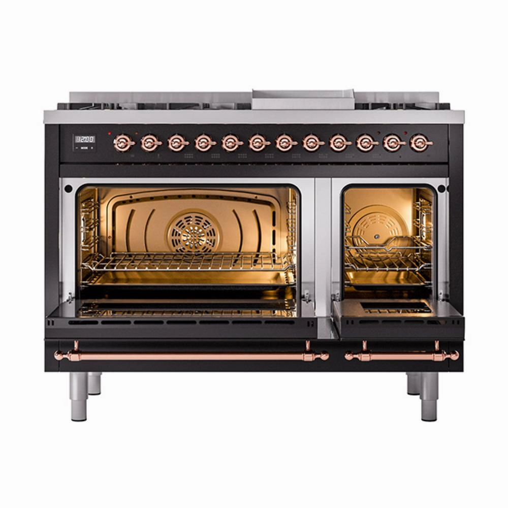 Ilve UN48FNMPBKP Ilve Un48Fnmpbkp Nostalgie Ii Noblesse 48" Dual Fuel Range (8 Sealed Burners   Griddle, Natural Gas, Triple Glass Door, Glossy Black, Copper)