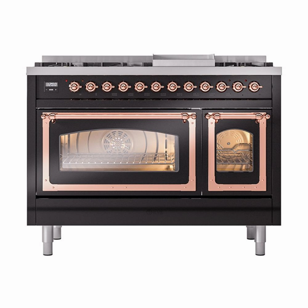 Ilve UN48FNMPBKP Ilve Un48Fnmpbkp Nostalgie Ii Noblesse 48" Dual Fuel Range (8 Sealed Burners   Griddle, Natural Gas, Triple Glass Door, Glossy Black, Copper)