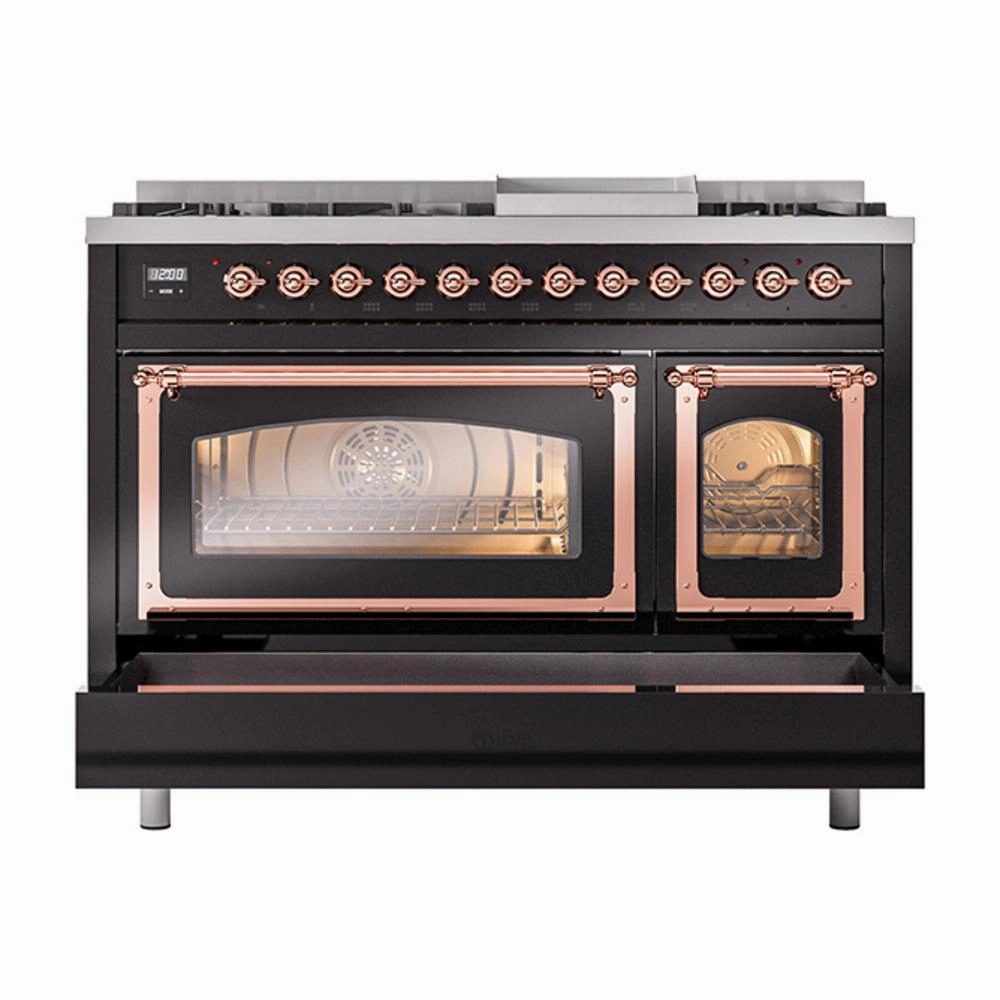 Ilve UN48FNMPBKP Ilve Un48Fnmpbkp Nostalgie Ii Noblesse 48" Dual Fuel Range (8 Sealed Burners   Griddle, Natural Gas, Triple Glass Door, Glossy Black, Copper)