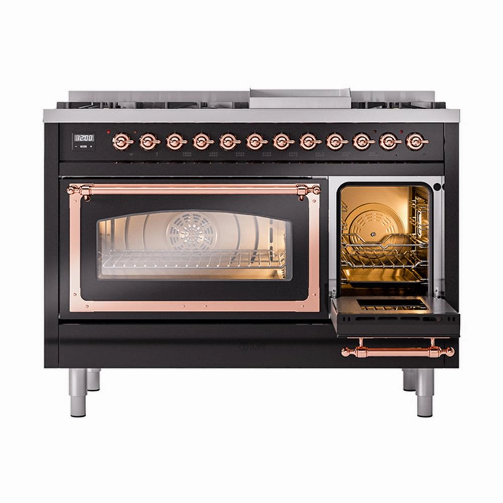 Ilve UN48FNMPBKP Ilve Un48Fnmpbkp Nostalgie Ii Noblesse 48" Dual Fuel Range (8 Sealed Burners   Griddle, Natural Gas, Triple Glass Door, Glossy Black, Copper)