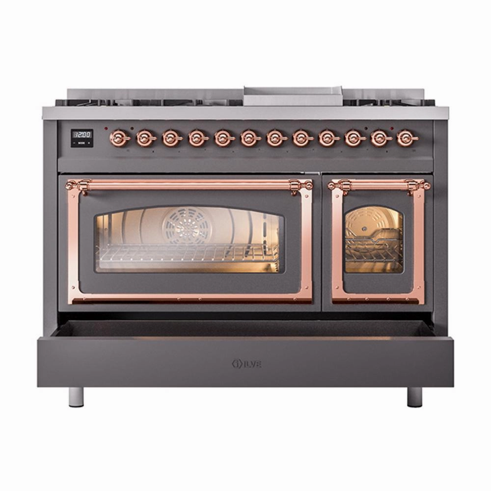 Ilve UN48FNMPMGP Ilve Un48Fnmpmgp Nostalgie Ii Noblesse 48" Dual Fuel Range (8 Sealed Burners   Griddle, Natural Gas, Triple Glass Door, Graphite Matte, Copper)