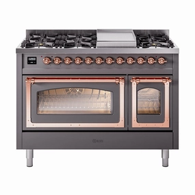 Ilve UN48FNMPMGP Ilve Un48Fnmpmgp Nostalgie Ii Noblesse 48" Dual Fuel Range (8 Sealed Burners   Griddle, Natural Gas, Triple Glass Door, Graphite Matte, Copper)