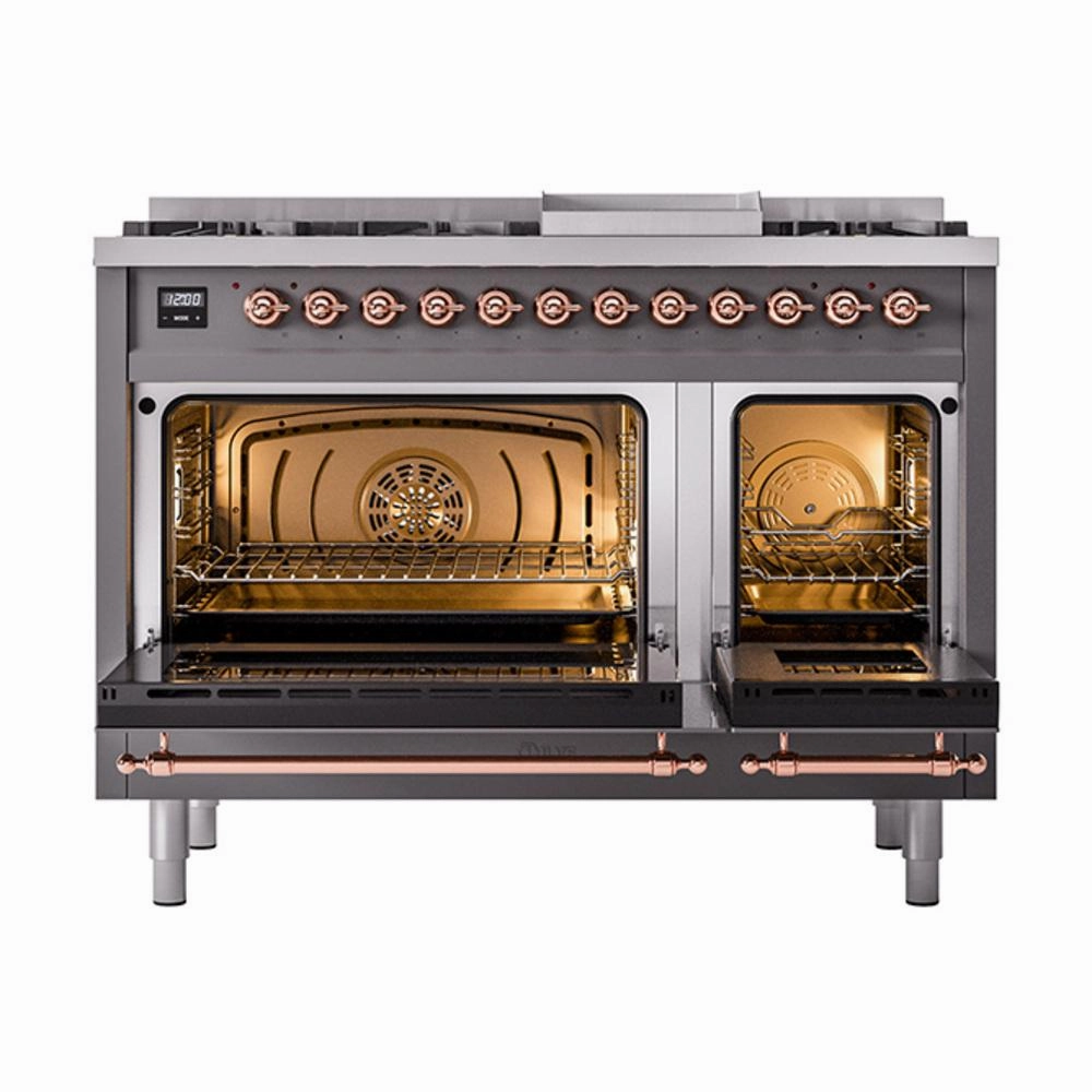 Ilve UN48FNMPMGP Ilve Un48Fnmpmgp Nostalgie Ii Noblesse 48" Dual Fuel Range (8 Sealed Burners   Griddle, Natural Gas, Triple Glass Door, Graphite Matte, Copper)