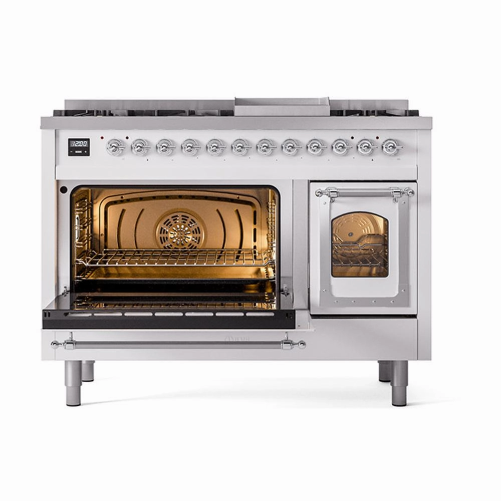 Ilve UN48FNMPRAC Ilve Un48Fnmprac Nostalgie Ii Noblesse 48" Dual Fuel Range (8 Sealed Burners   Griddle, Natural Gas, Triple Glass Door, Ral, Chrome)