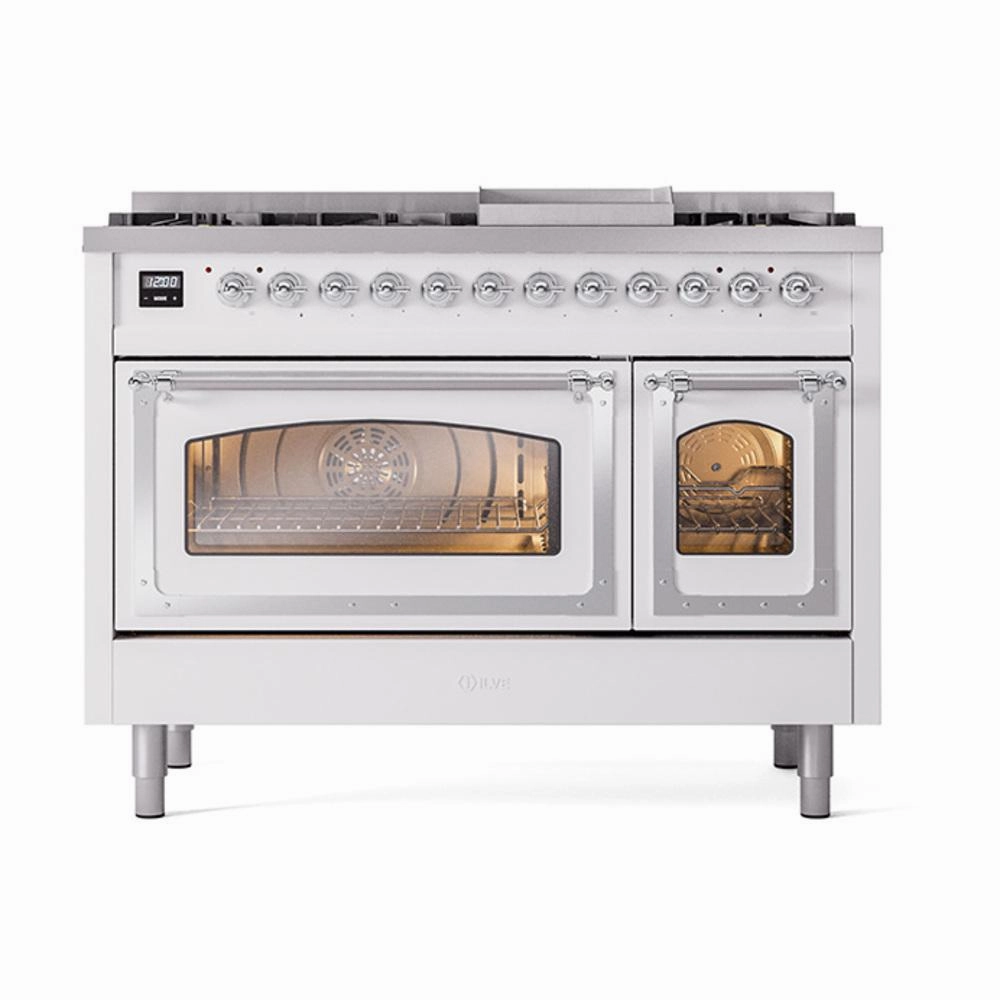 Ilve UN48FNMPRAC Ilve Un48Fnmprac Nostalgie Ii Noblesse 48" Dual Fuel Range (8 Sealed Burners   Griddle, Natural Gas, Triple Glass Door, Ral, Chrome)