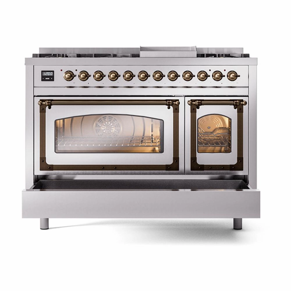 Ilve UN48FNMPSSB Ilve Un48Fnmpssb Nostalgie Ii Noblesse 48" Dual Fuel Range (8 Sealed Burners   Griddle, Natural Gas, Triple Glass Door, Stainless Steel, Burnished)
