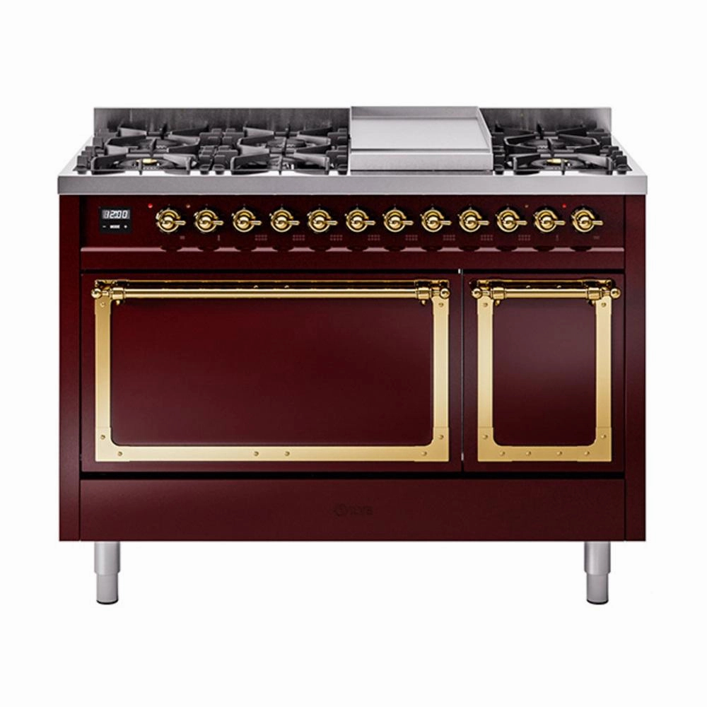 Ilve UN48FQNMPBUG Ilve Un48Fqnmpbug Nostalgie Ii Noblesse 48" Dual Fuel Range (8 Sealed Burners   Griddle, Natural Gas, Solid Door, Burgundy, Brass)
