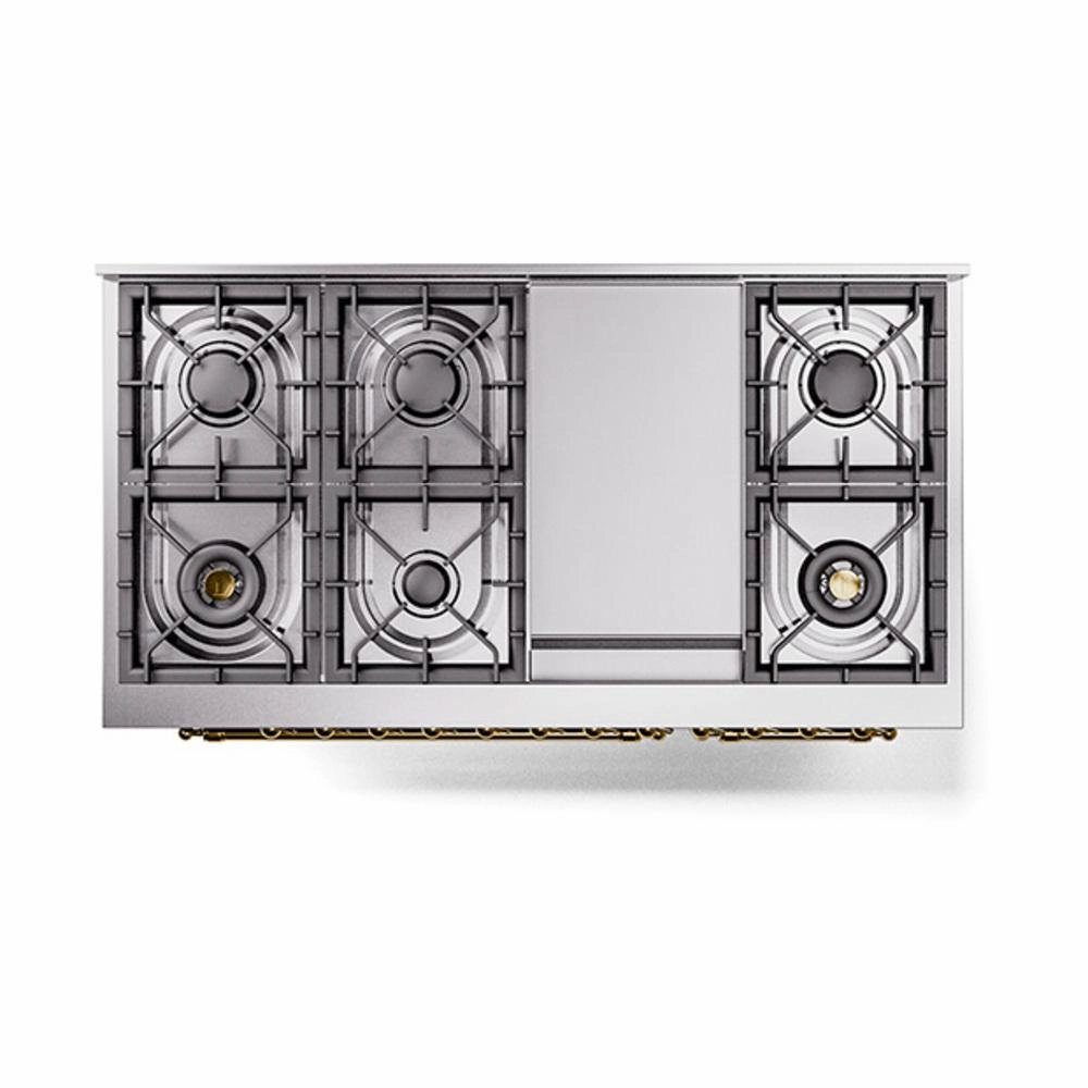 Ilve UN48FQNMPBUG Ilve Un48Fqnmpbug Nostalgie Ii Noblesse 48" Dual Fuel Range (8 Sealed Burners   Griddle, Natural Gas, Solid Door, Burgundy, Brass)