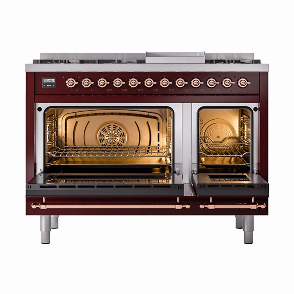 Ilve UN48FQNMPBUP Ilve Un48Fqnmpbup Nostalgie Ii Noblesse 48" Dual Fuel Range (8 Sealed Burners   Griddle, Natural Gas, Solid Door, Burgundy, Copper)