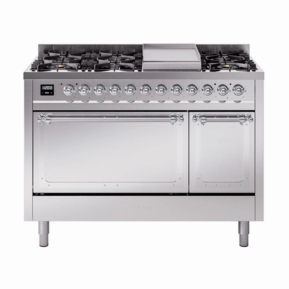 Ilve UN48FQNMPSSCLP Ilve Un48Fqnmpssclp Nostalgie Ii Noblesse 48" Dual Fuel Range (8 Sealed Burners   Griddle, Liquid Propane, Solid Door, Stainless Steel, Chrome)