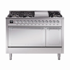 Ilve UN48FQNMPSSCLP Ilve Un48Fqnmpssclp Nostalgie Ii Noblesse 48" Dual Fuel Range (8 Sealed Burners   Griddle, Liquid Propane, Solid Door, Stainless Steel, Chrome)