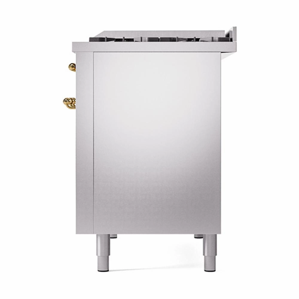 Ilve UN48FQNMPSSG Ilve Un48Fqnmpssg Nostalgie Ii Noblesse 48" Dual Fuel Range (8 Sealed Burners   Griddle, Natural Gas, Solid Door, Stainless Steel, Brass)