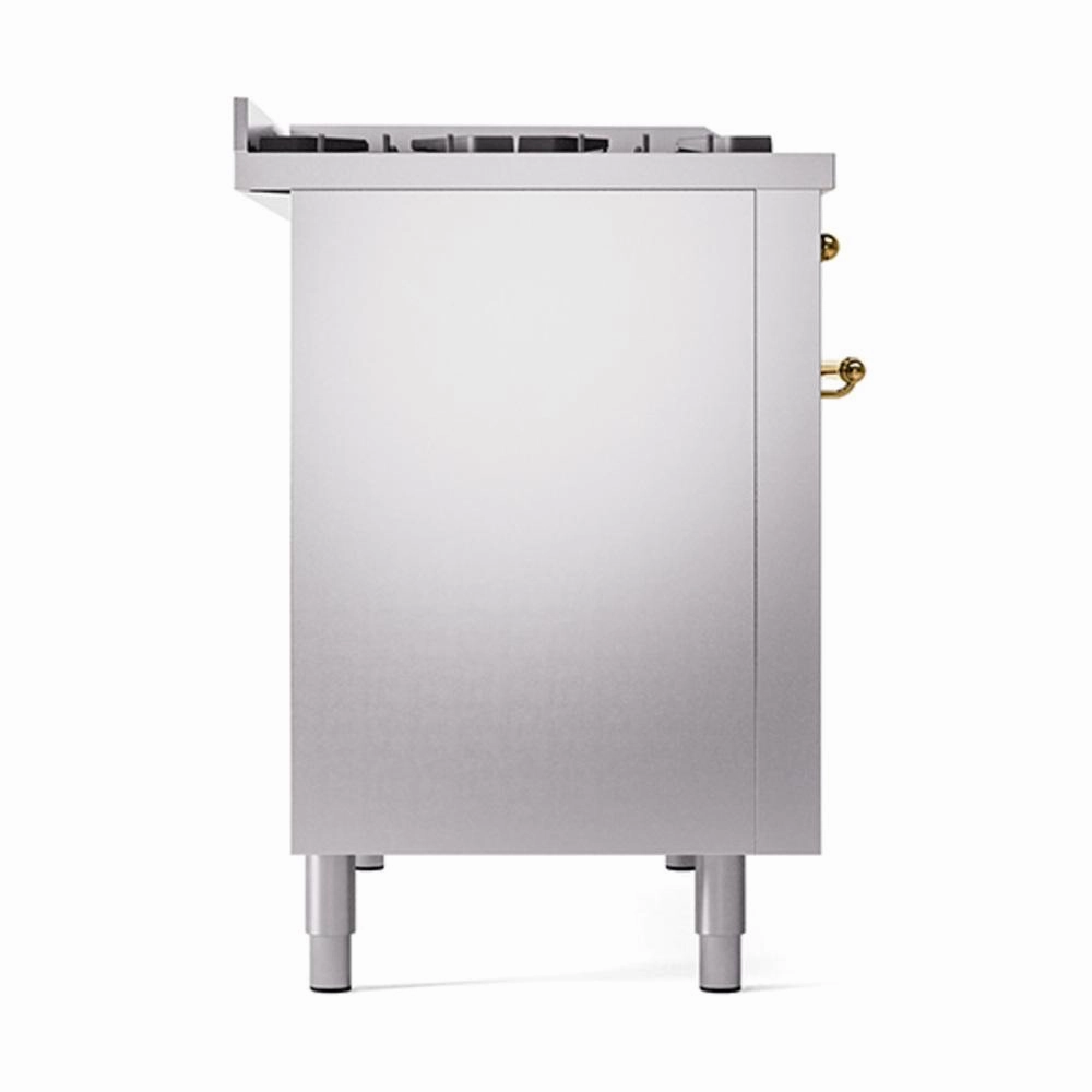 Ilve UN48FQNMPSSG Ilve Un48Fqnmpssg Nostalgie Ii Noblesse 48" Dual Fuel Range (8 Sealed Burners   Griddle, Natural Gas, Solid Door, Stainless Steel, Brass)
