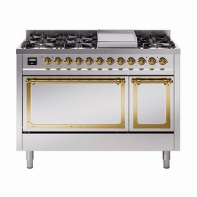 Ilve UN48FQNMPSSG Ilve Un48Fqnmpssg Nostalgie Ii Noblesse 48" Dual Fuel Range (8 Sealed Burners   Griddle, Natural Gas, Solid Door, Stainless Steel, Brass)