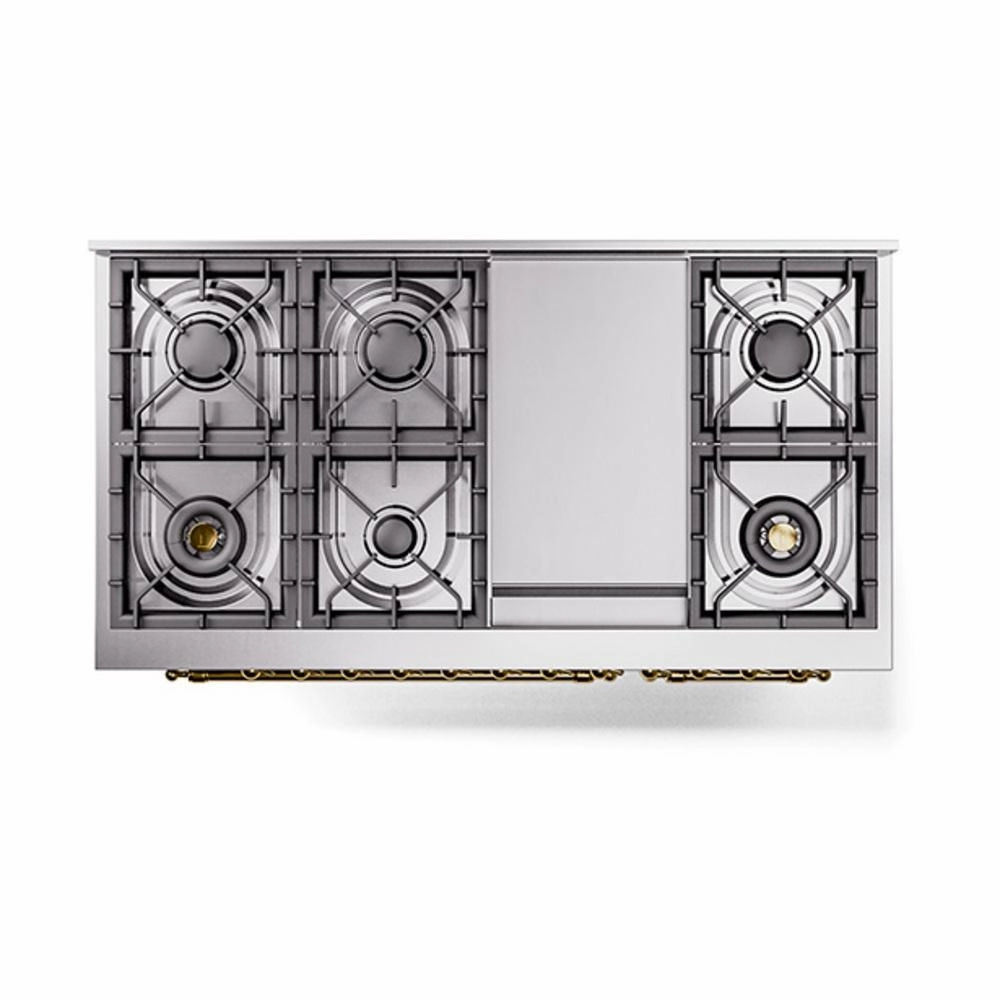 Ilve UN48FQNMPSSG Ilve Un48Fqnmpssg Nostalgie Ii Noblesse 48" Dual Fuel Range (8 Sealed Burners   Griddle, Natural Gas, Solid Door, Stainless Steel, Brass)