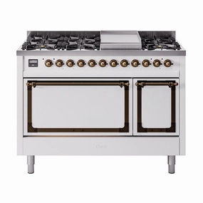Ilve UN48FQNMPWHB Ilve Un48Fqnmpwhb Nostalgie Ii Noblesse 48" Dual Fuel Range (8 Sealed Burners   Griddle, Natural Gas, Solid Door, White, Burnished)
