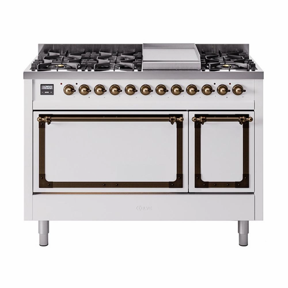 Ilve UN48FQNMPWHB Ilve Un48Fqnmpwhb Nostalgie Ii Noblesse 48" Dual Fuel Range (8 Sealed Burners   Griddle, Natural Gas, Solid Door, White, Burnished)