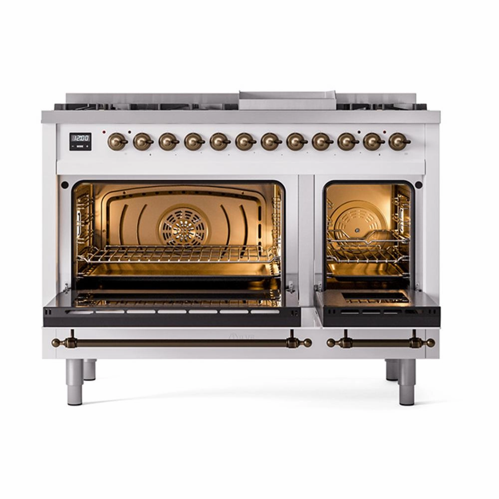 Ilve UN48FQNMPWHB Ilve Un48Fqnmpwhb Nostalgie Ii Noblesse 48" Dual Fuel Range (8 Sealed Burners   Griddle, Natural Gas, Solid Door, White, Burnished)