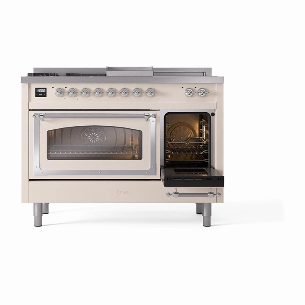 Ilve UN48FSNMPAWC Ilve Un48Fsnmpawc Nostalgie Ii Noblesse 48" Dual Fuel Range (5 Sealed Burners   Griddle   French Top, Natural Gas, Triple Glass Door, Antique White, Chrome)