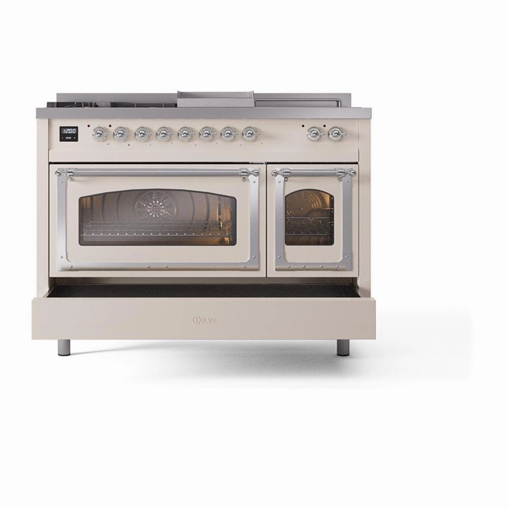 Ilve UN48FSNMPAWC Ilve Un48Fsnmpawc Nostalgie Ii Noblesse 48" Dual Fuel Range (5 Sealed Burners   Griddle   French Top, Natural Gas, Triple Glass Door, Antique White, Chrome)