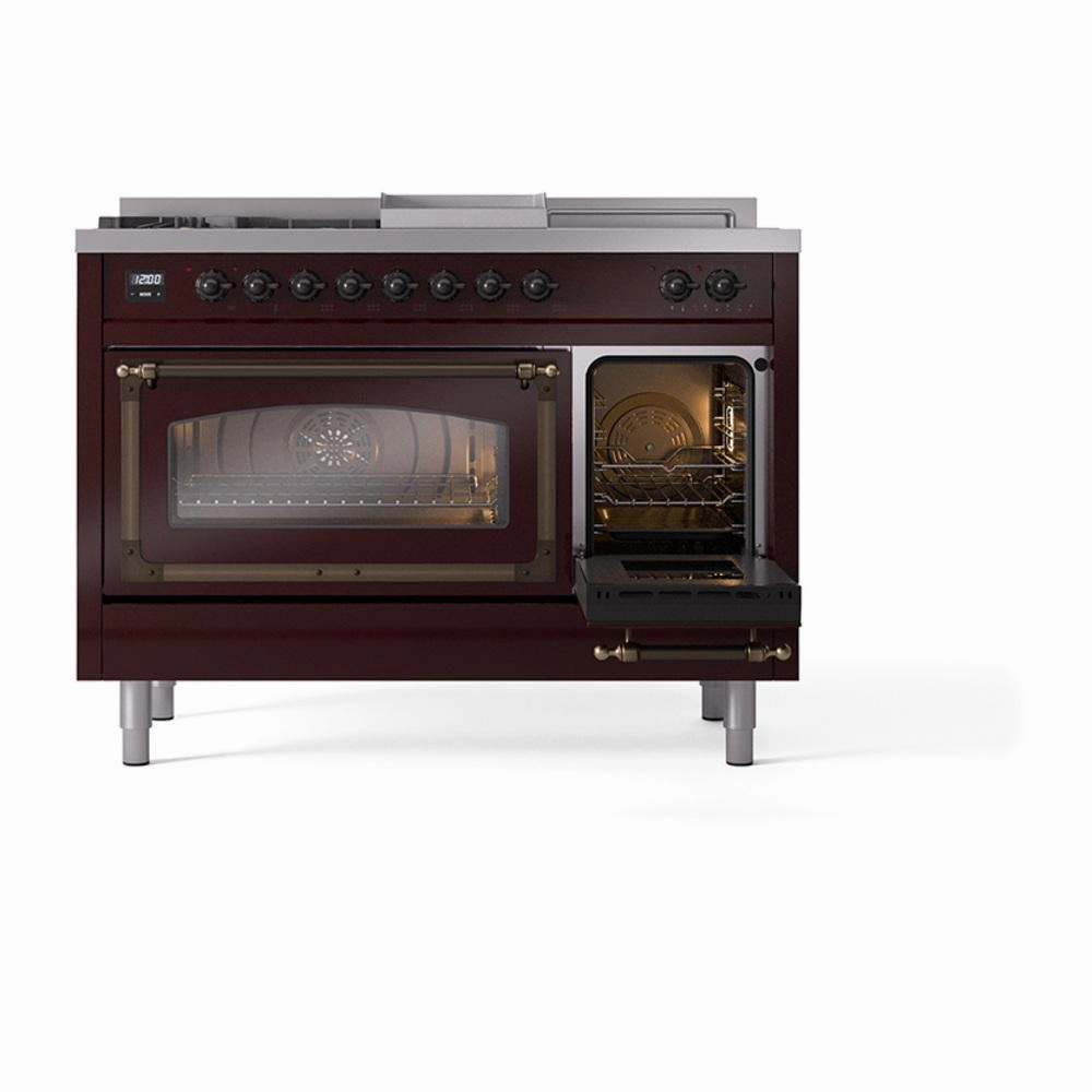 Ilve UN48FSNMPBUBLP Ilve Un48Fsnmpbublp Nostalgie Ii Noblesse 48" Dual Fuel Range (5 Sealed Burners   Griddle   French Top, Liquid Propane, Triple Glass Door, Burgundy, Burnished)