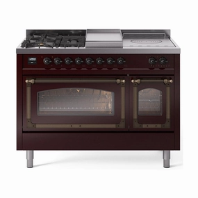 Ilve UN48FSNMPBUBLP Ilve Un48Fsnmpbublp Nostalgie Ii Noblesse 48" Dual Fuel Range (5 Sealed Burners   Griddle   French Top, Liquid Propane, Triple Glass Door, Burgundy, Burnished)