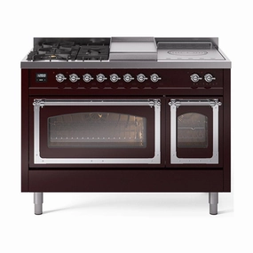 Ilve UN48FSNMPBUCLP Ilve Un48Fsnmpbuclp Nostalgie Ii Noblesse 48" Dual Fuel Range (5 Sealed Burners   Griddle   French Top, Liquid Propane, Triple Glass Door, Burgundy, Chrome)