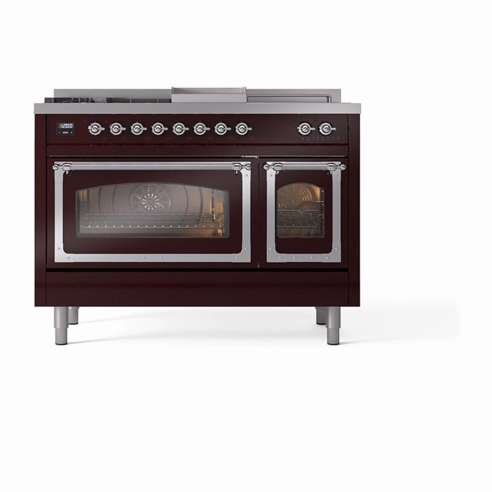 Ilve UN48FSNMPBUCLP Ilve Un48Fsnmpbuclp Nostalgie Ii Noblesse 48" Dual Fuel Range (5 Sealed Burners   Griddle   French Top, Liquid Propane, Triple Glass Door, Burgundy, Chrome)