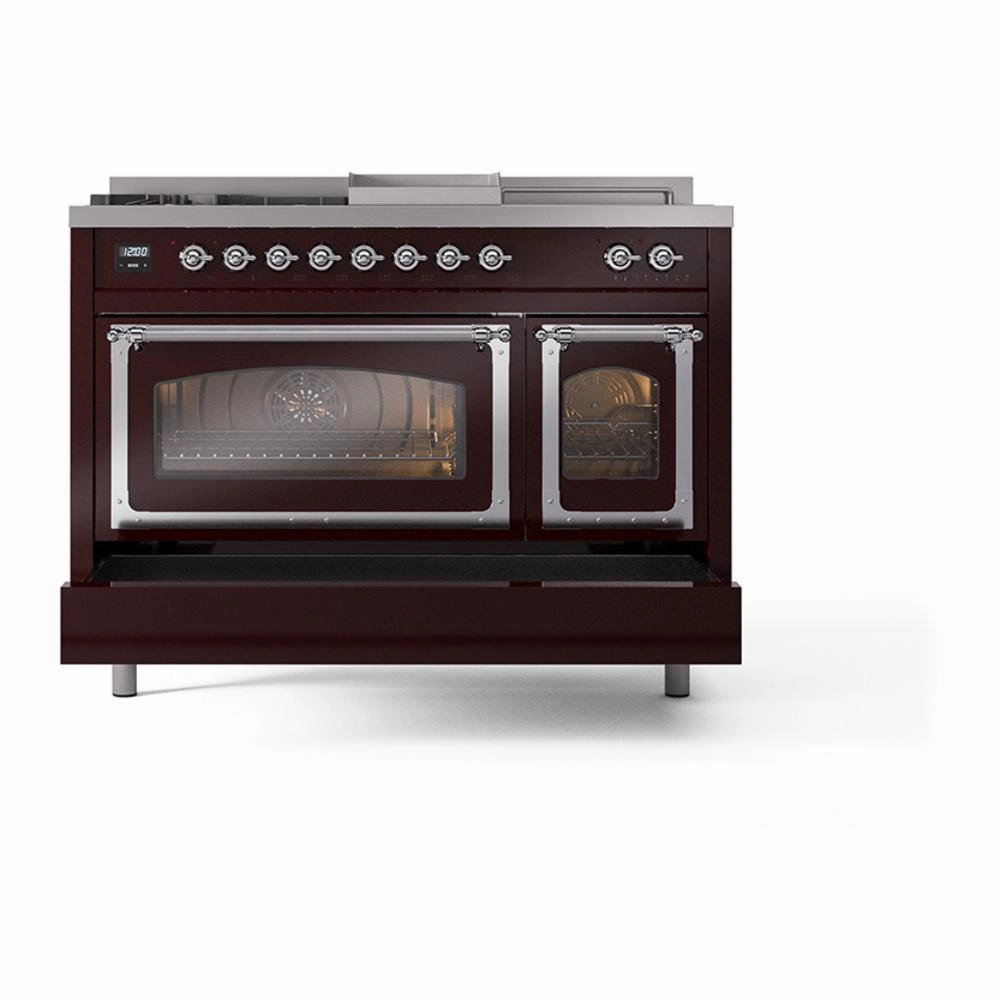 Ilve UN48FSNMPBUCLP Ilve Un48Fsnmpbuclp Nostalgie Ii Noblesse 48" Dual Fuel Range (5 Sealed Burners   Griddle   French Top, Liquid Propane, Triple Glass Door, Burgundy, Chrome)