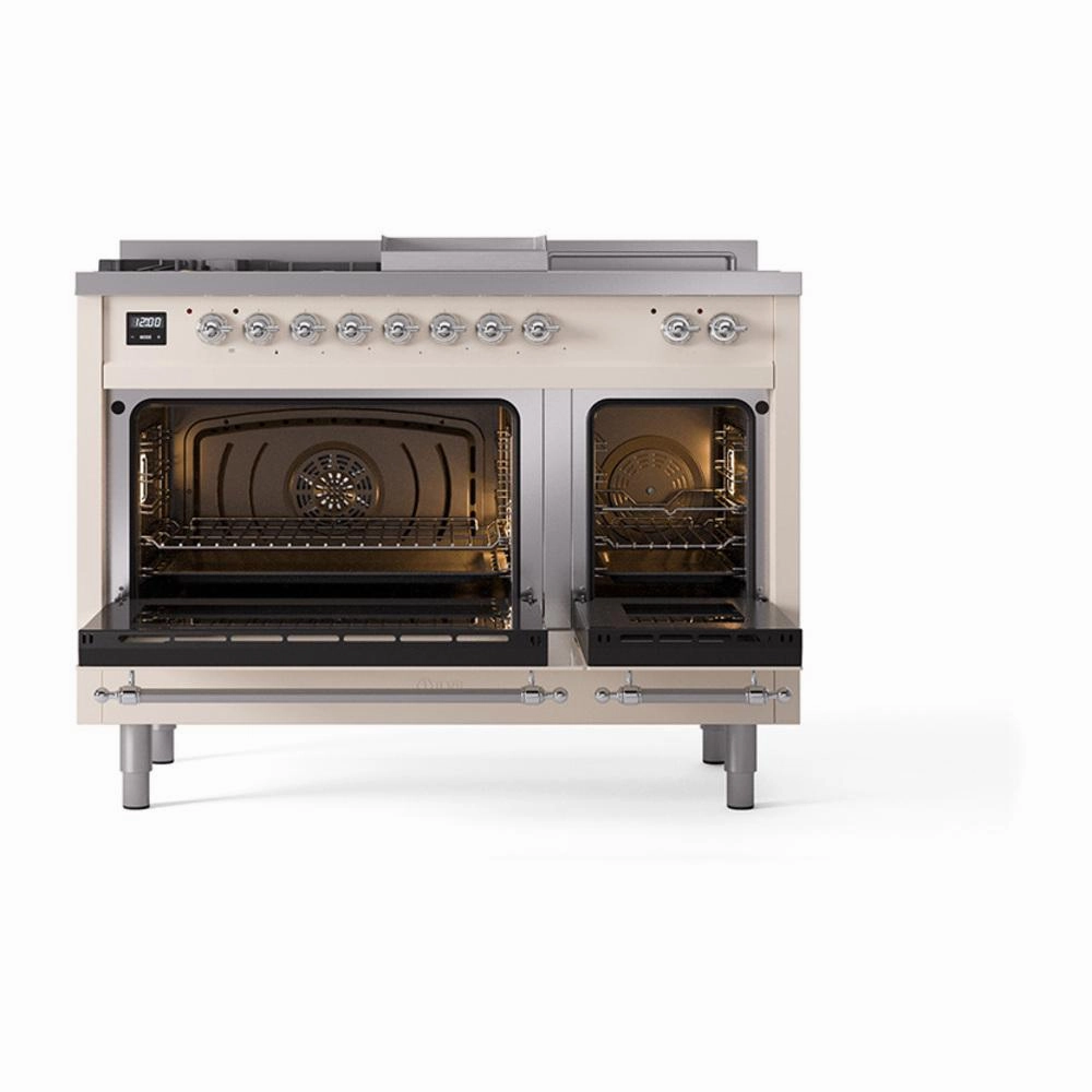 Ilve UN48FSQNMPAWCLP Ilve Un48Fsqnmpawclp Nostalgie Ii Noblesse 48" Dual Fuel Range (5 Sealed Burners   Griddle   French Top, Liquid Propane, Solid Door, Antique White, Chrome)