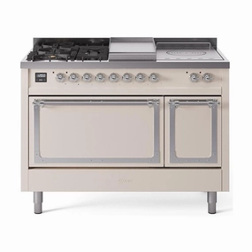 Ilve UN48FSQNMPAWCLP Ilve Un48Fsqnmpawclp Nostalgie Ii Noblesse 48" Dual Fuel Range (5 Sealed Burners   Griddle   French Top, Liquid Propane, Solid Door, Antique White, Chrome)