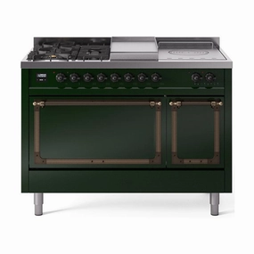 Ilve UN48FSQNMPEGB Ilve Un48Fsqnmpegb Nostalgie Ii Noblesse 48" Dual Fuel Range (5 Sealed Burners   Griddle   French Top, Natural Gas, Solid Door, Emerald Green, Burnished)