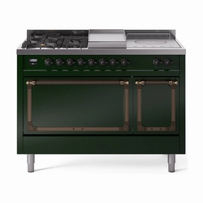 Ilve UN48FSQNMPEGBLP Ilve Un48Fsqnmpegblp Nostalgie Ii Noblesse 48" Dual Fuel Range (5 Sealed Burners   Griddle   French Top, Liquid Propane, Solid Door, Emerald Green, Burnished)