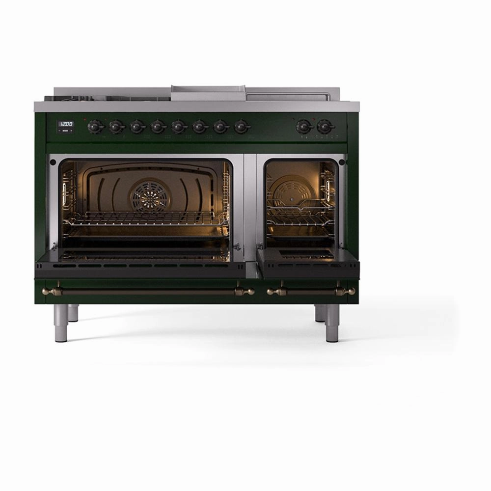 Ilve UN48FSQNMPEGBLP Ilve Un48Fsqnmpegblp Nostalgie Ii Noblesse 48" Dual Fuel Range (5 Sealed Burners   Griddle   French Top, Liquid Propane, Solid Door, Emerald Green, Burnished)
