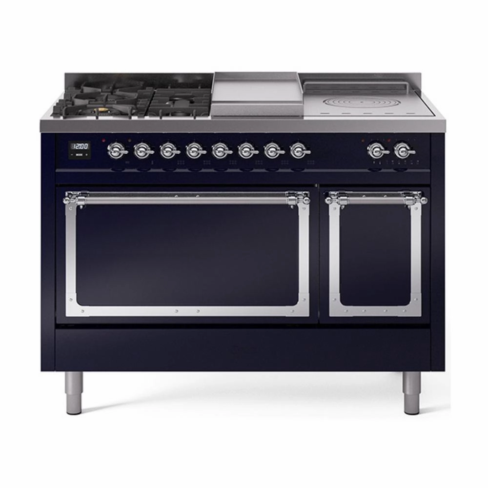 Ilve UN48FSQNMPMBC Ilve Un48Fsqnmpmbc Nostalgie Ii Noblesse 48" Dual Fuel Range (5 Sealed Burners   Griddle   French Top, Natural Gas, Solid Door, Midnight Blue, Chrome)
