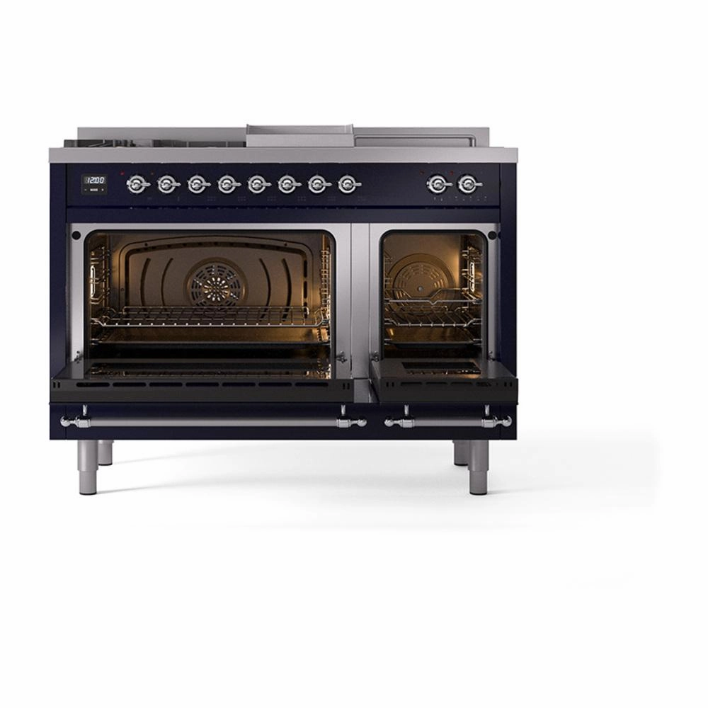 Ilve UN48FSQNMPMBC Ilve Un48Fsqnmpmbc Nostalgie Ii Noblesse 48" Dual Fuel Range (5 Sealed Burners   Griddle   French Top, Natural Gas, Solid Door, Midnight Blue, Chrome)