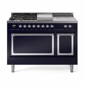 Ilve UN48FSQNMPMBC Ilve Un48Fsqnmpmbc Nostalgie Ii Noblesse 48" Dual Fuel Range (5 Sealed Burners   Griddle   French Top, Natural Gas, Solid Door, Midnight Blue, Chrome)