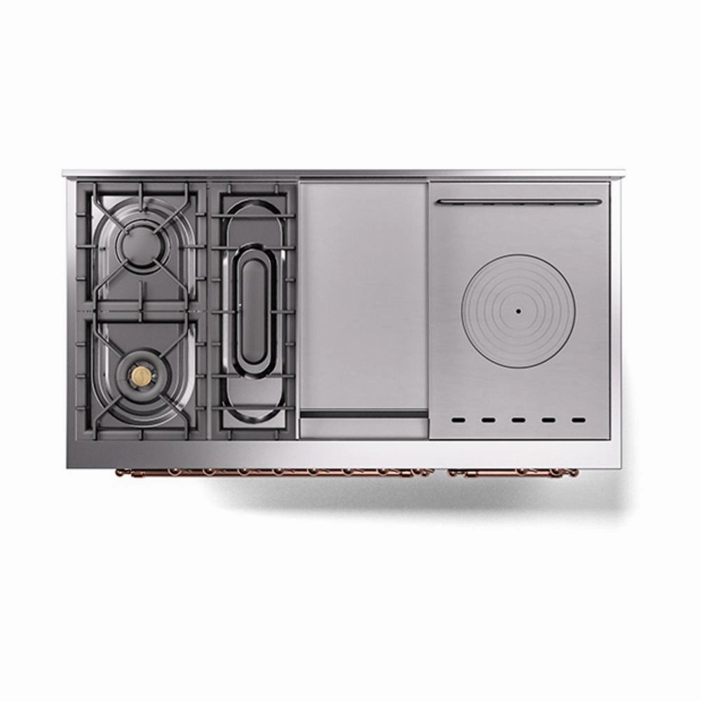 Ilve UN48FSQNMPMBP Ilve Un48Fsqnmpmbp Nostalgie Ii Noblesse 48" Dual Fuel Range (5 Sealed Burners   Griddle   French Top, Natural Gas, Solid Door, Midnight Blue, Copper)